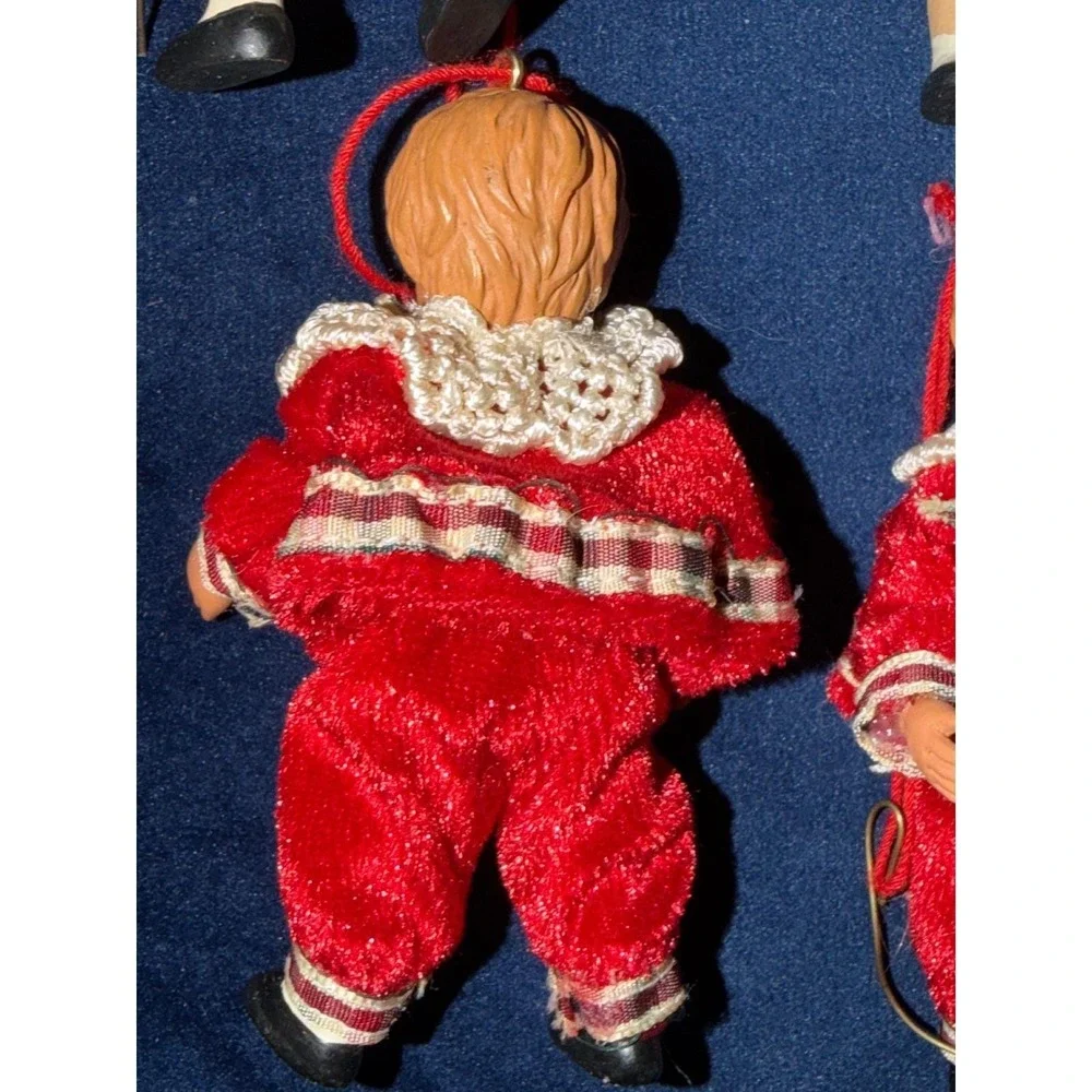 Vintage Red Velvet Christmas Ornaments Set of 6 Victorian Style Boy Girl Figures